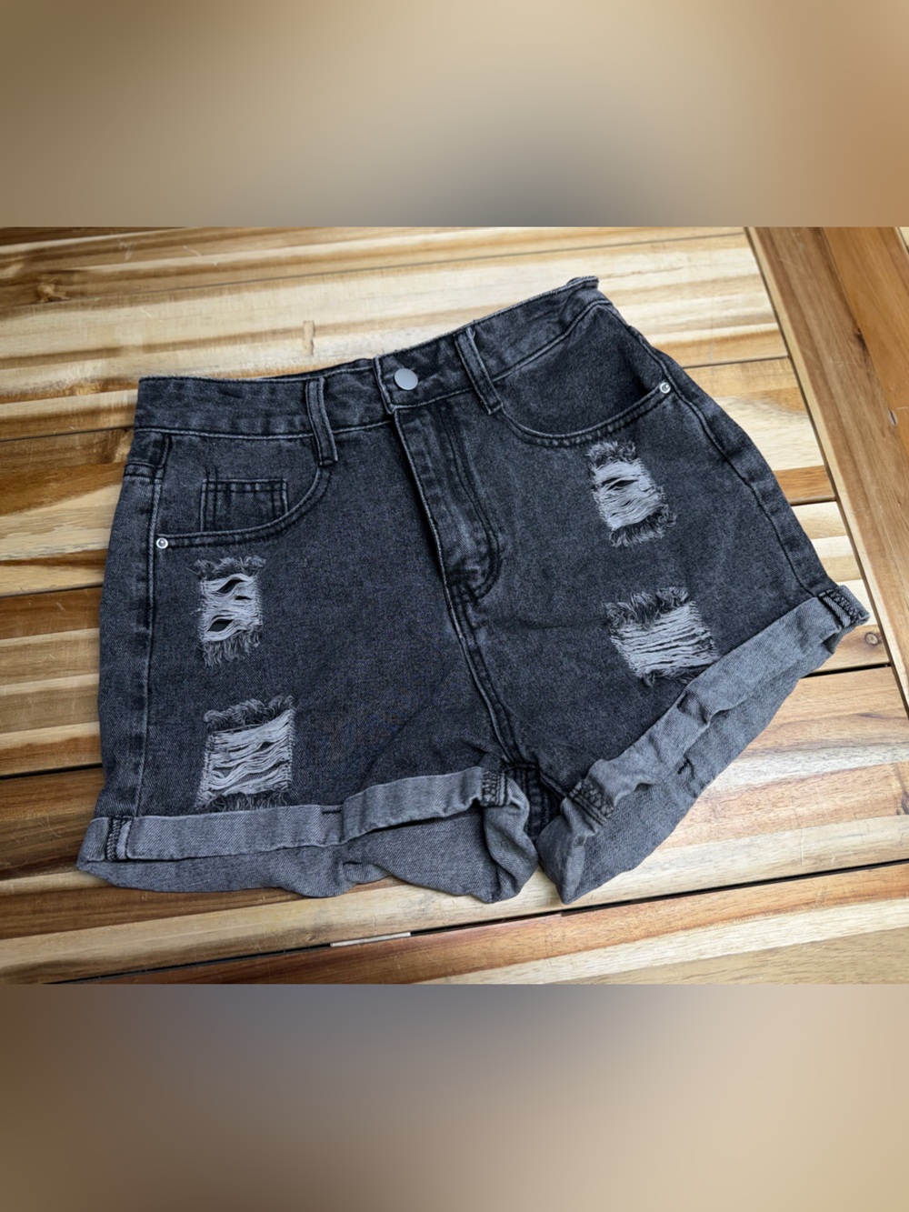 High-Rise Distressed Denim Shorts - gray/black